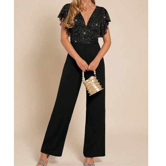 Luxe Black Sequin Plunging Neck Butterfly Sleeves Wide Leg Jumpsuit S M L XL